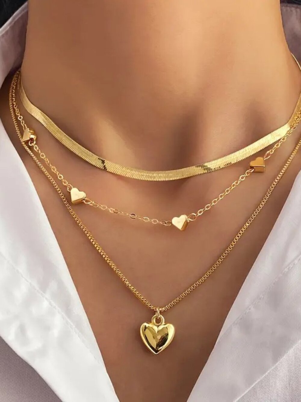 Layered Gold Finish Herringbone Chain Necklace Heart Pendant